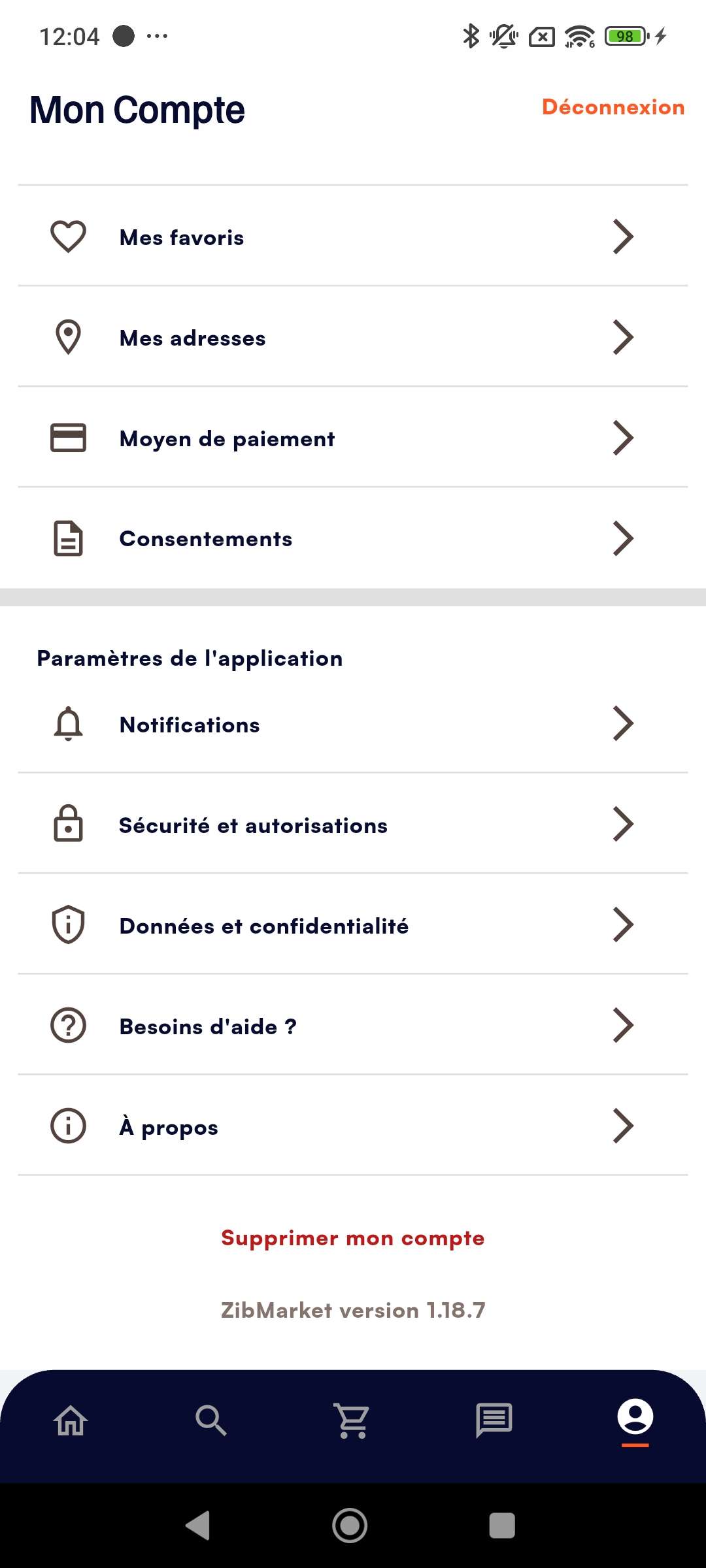 Capture d'écran montrant le bouton de suppression de compte pour les clients particuliers dans l'application ZibMarket